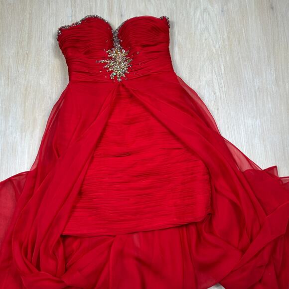 Mac Duggal Red Strapless Embellished Sequin High Low Formal Evening Gown Dress 4 - Picture 2 of 16